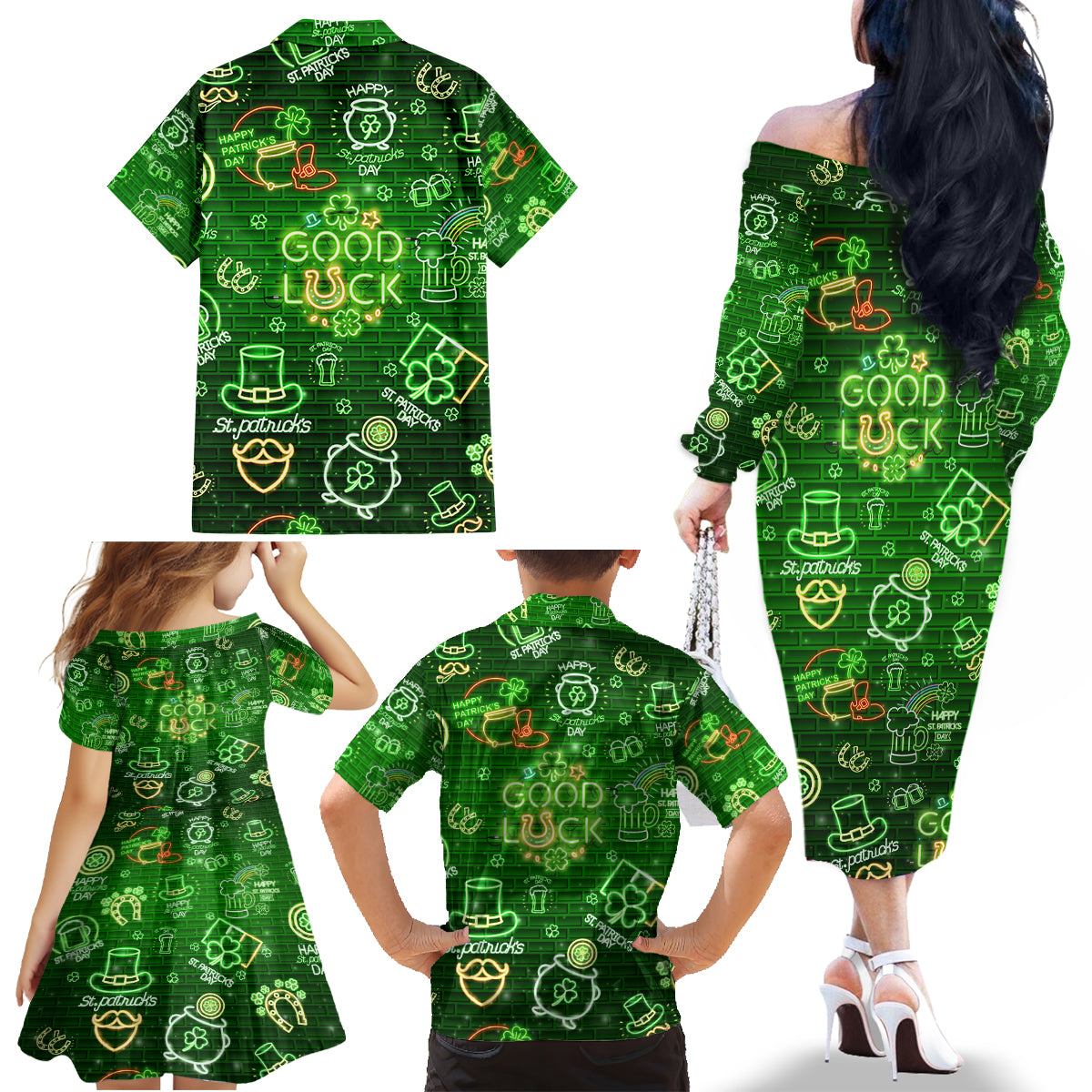 Ireland St Patrick's Day Family Matching Off The Shoulder Long Sleeve Dress and Hawaiian Shirt Symbols Neon - Wonder Print Shop