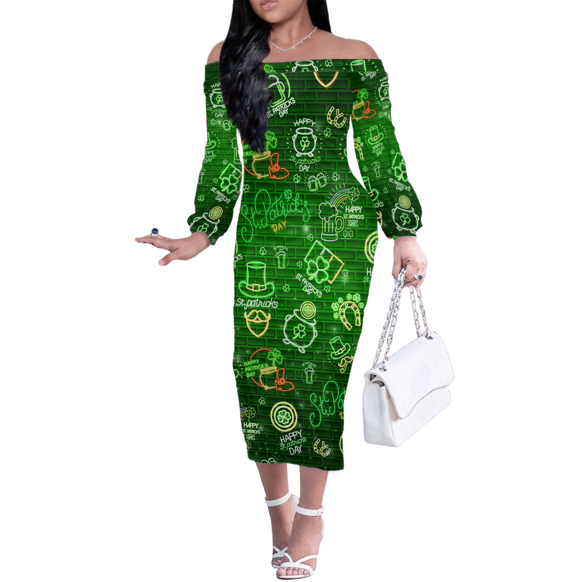 Ireland St Patrick's Day Family Matching Off The Shoulder Long Sleeve Dress and Hawaiian Shirt Symbols Neon - Wonder Print Shop