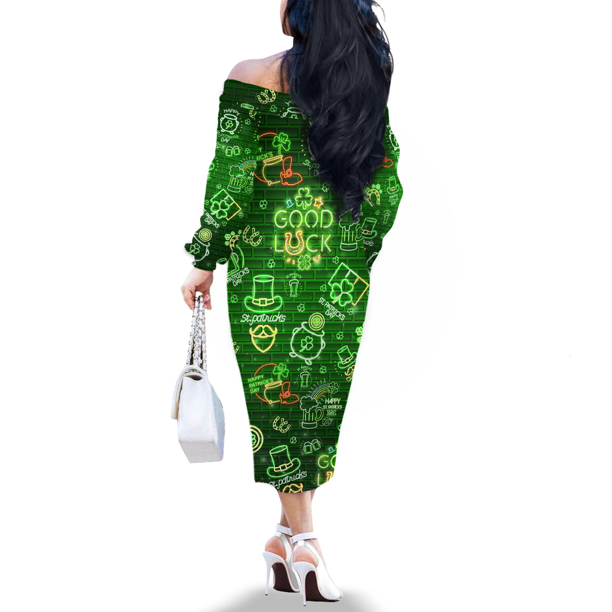 Ireland St Patrick's Day Family Matching Off The Shoulder Long Sleeve Dress and Hawaiian Shirt Symbols Neon - Wonder Print Shop