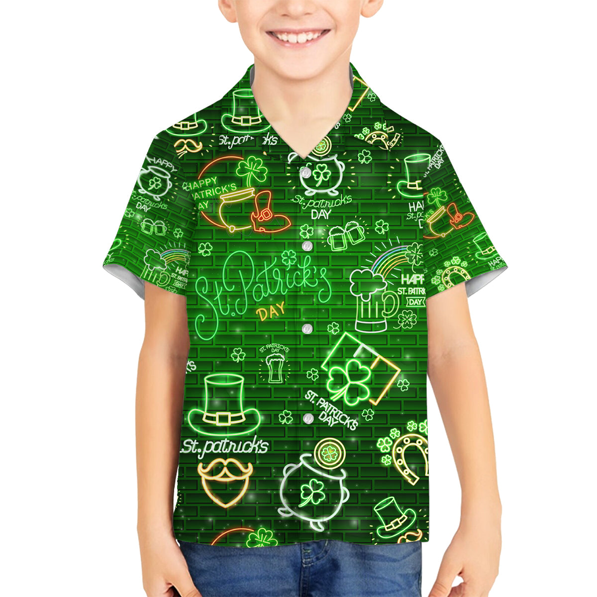 Ireland St Patrick's Day Family Matching Off The Shoulder Long Sleeve Dress and Hawaiian Shirt Symbols Neon - Wonder Print Shop