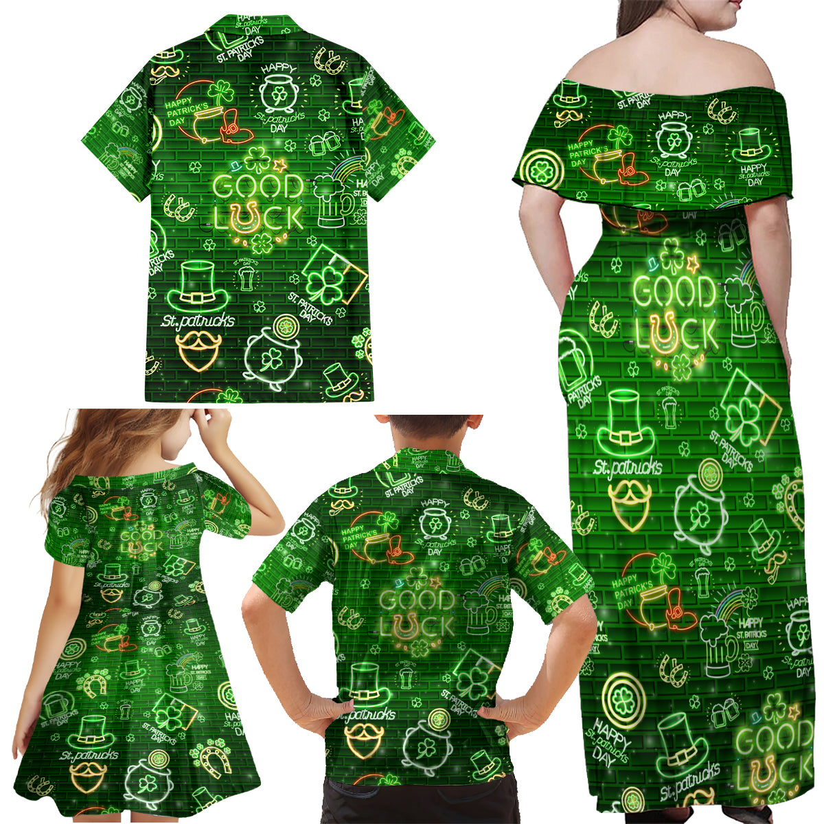 Ireland St Patrick's Day Family Matching Off Shoulder Maxi Dress and Hawaiian Shirt Symbols Neon - Wonder Print Shop