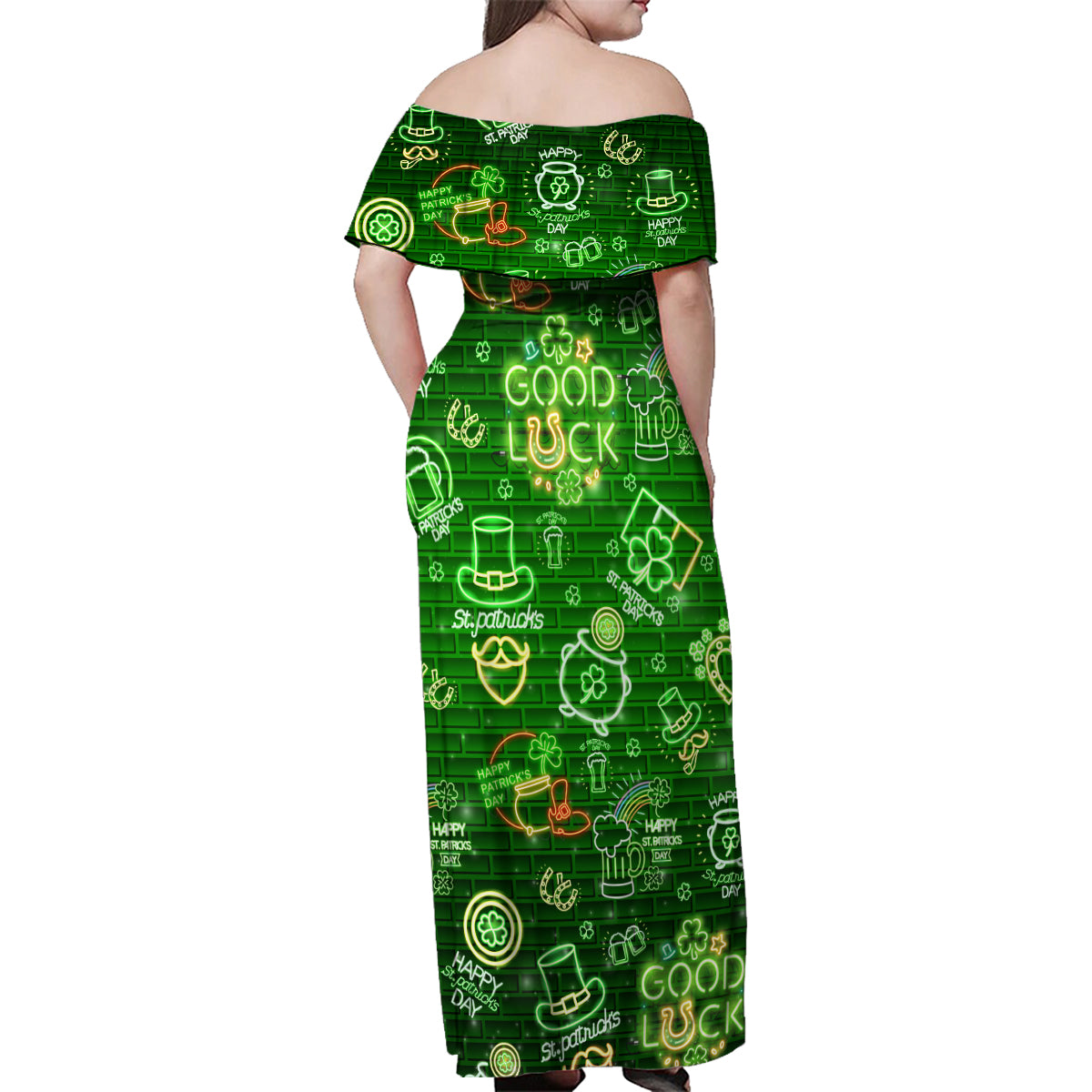 Ireland St Patrick's Day Family Matching Off Shoulder Maxi Dress and Hawaiian Shirt Symbols Neon - Wonder Print Shop