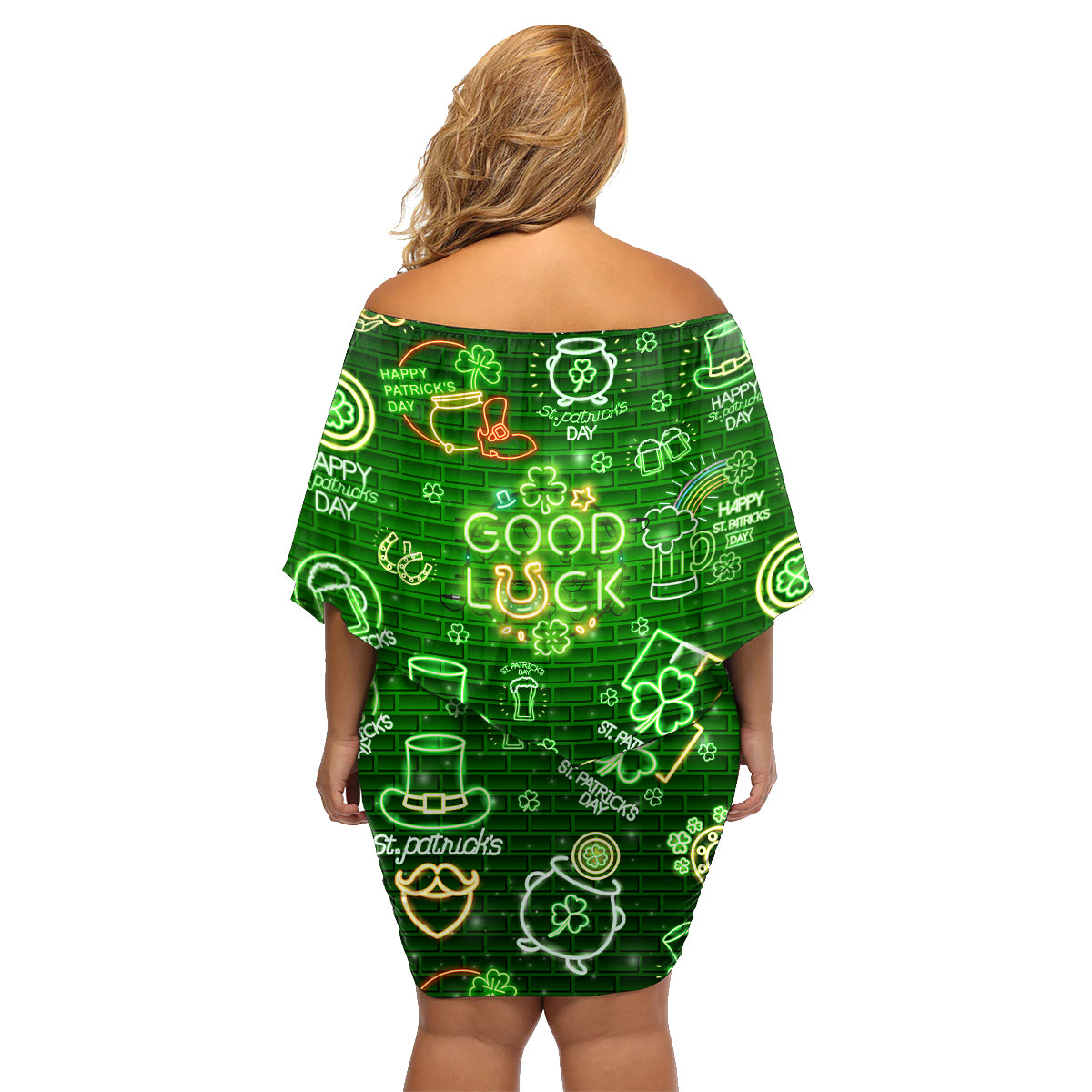 Ireland St Patrick's Day Family Matching Off Shoulder Short Dress and Hawaiian Shirt Symbols Neon - Wonder Print Shop