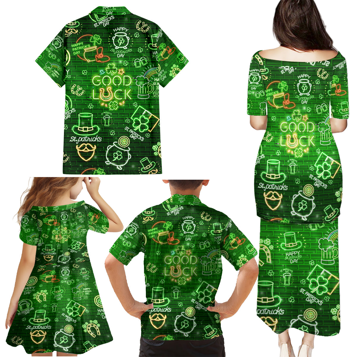 Ireland St Patrick's Day Family Matching Puletasi and Hawaiian Shirt Symbols Neon - Wonder Print Shop