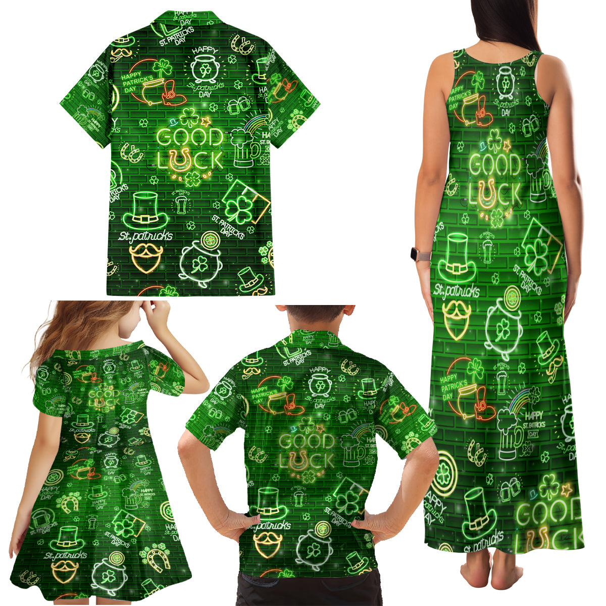Ireland St Patrick's Day Family Matching Tank Maxi Dress and Hawaiian Shirt Symbols Neon - Wonder Print Shop