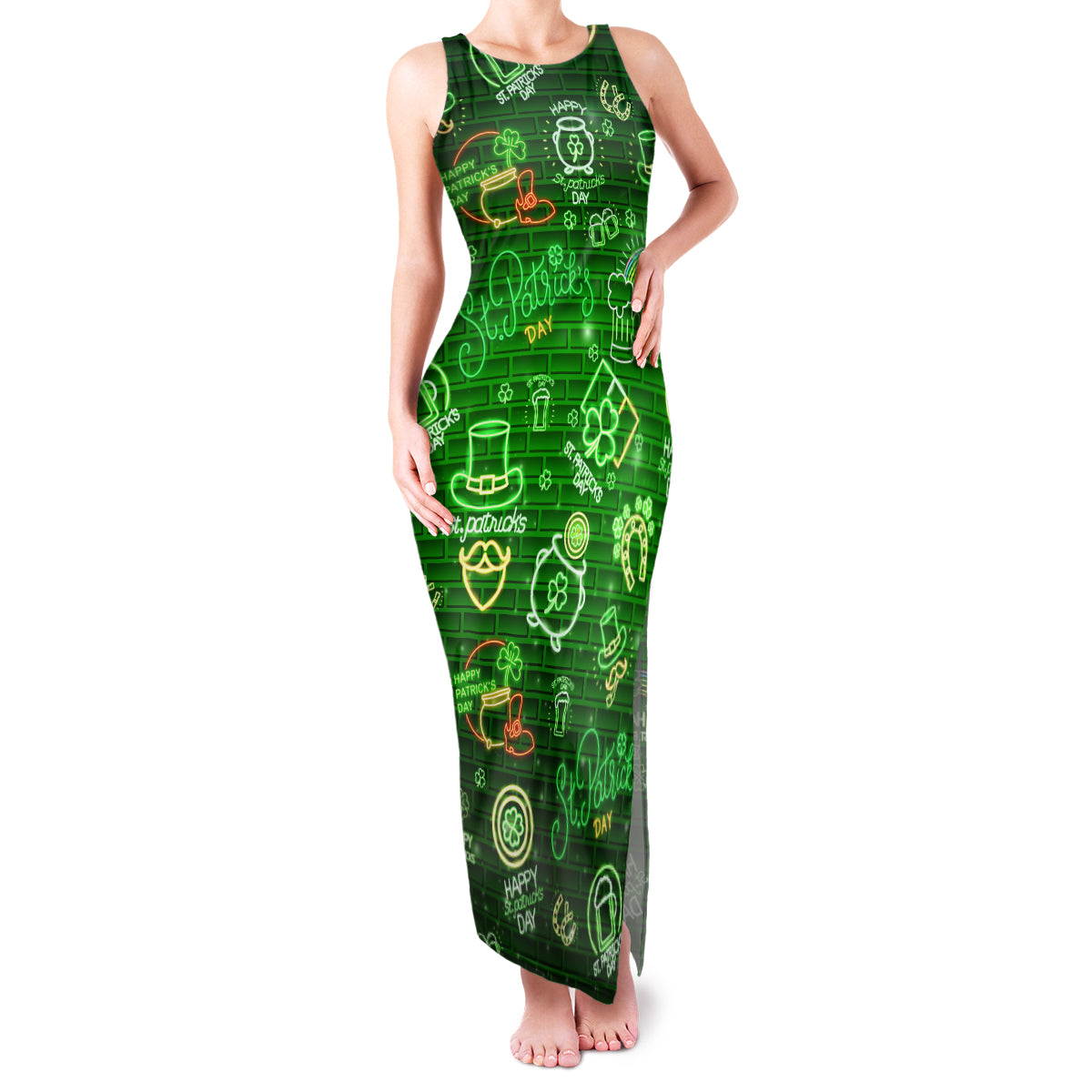 Ireland St Patrick's Day Family Matching Tank Maxi Dress and Hawaiian Shirt Symbols Neon - Wonder Print Shop