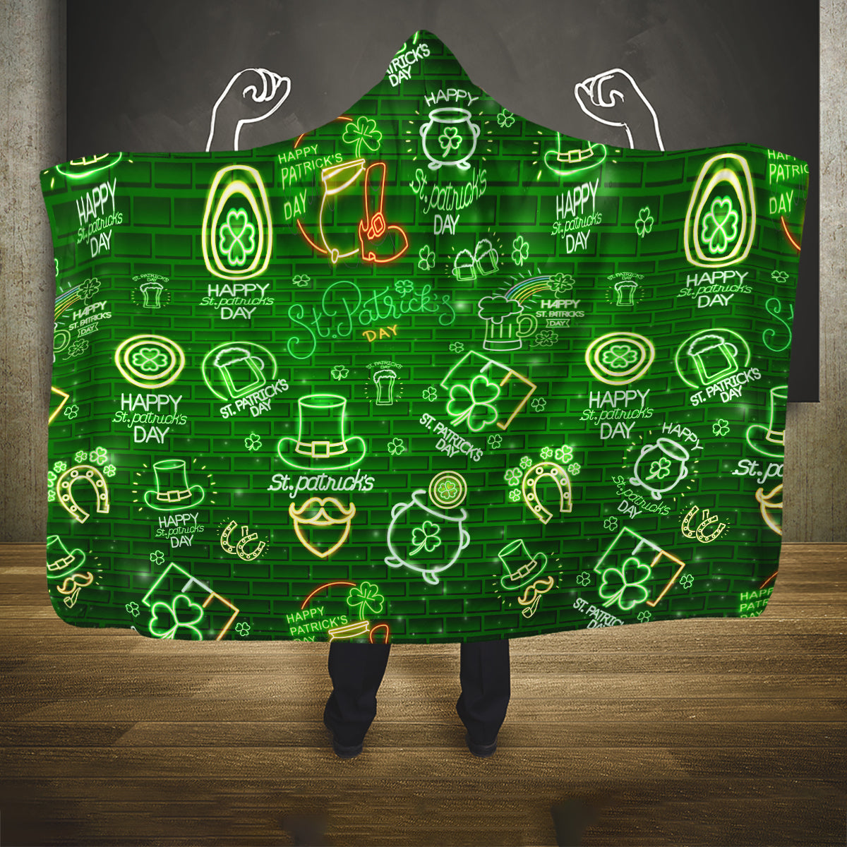 Ireland St Patrick's Day Hooded Blanket Symbols Neon