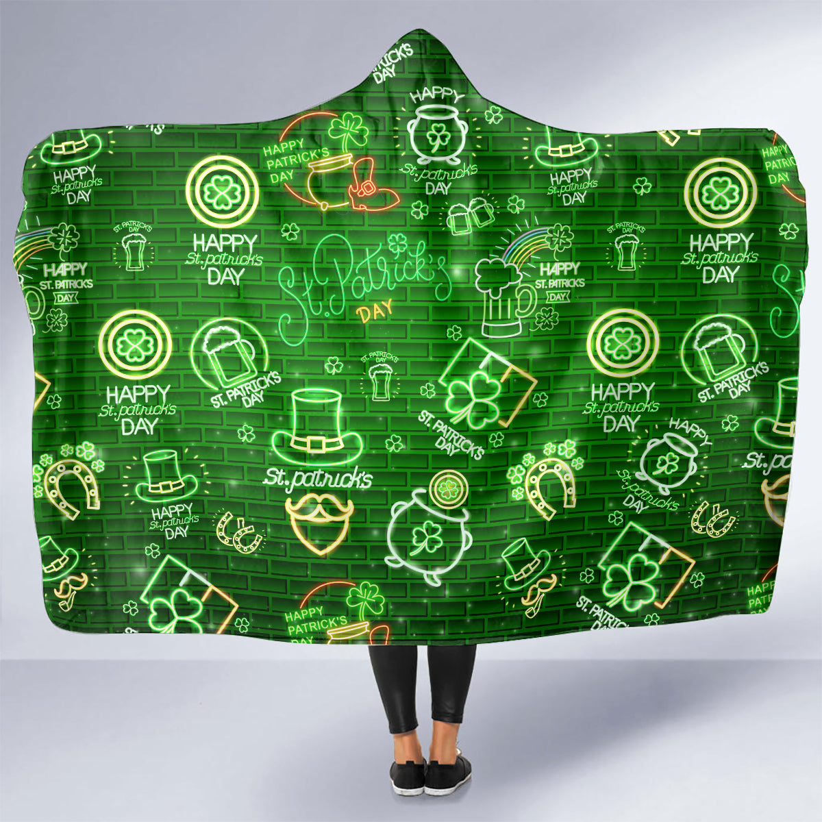 Ireland St Patrick's Day Hooded Blanket Symbols Neon