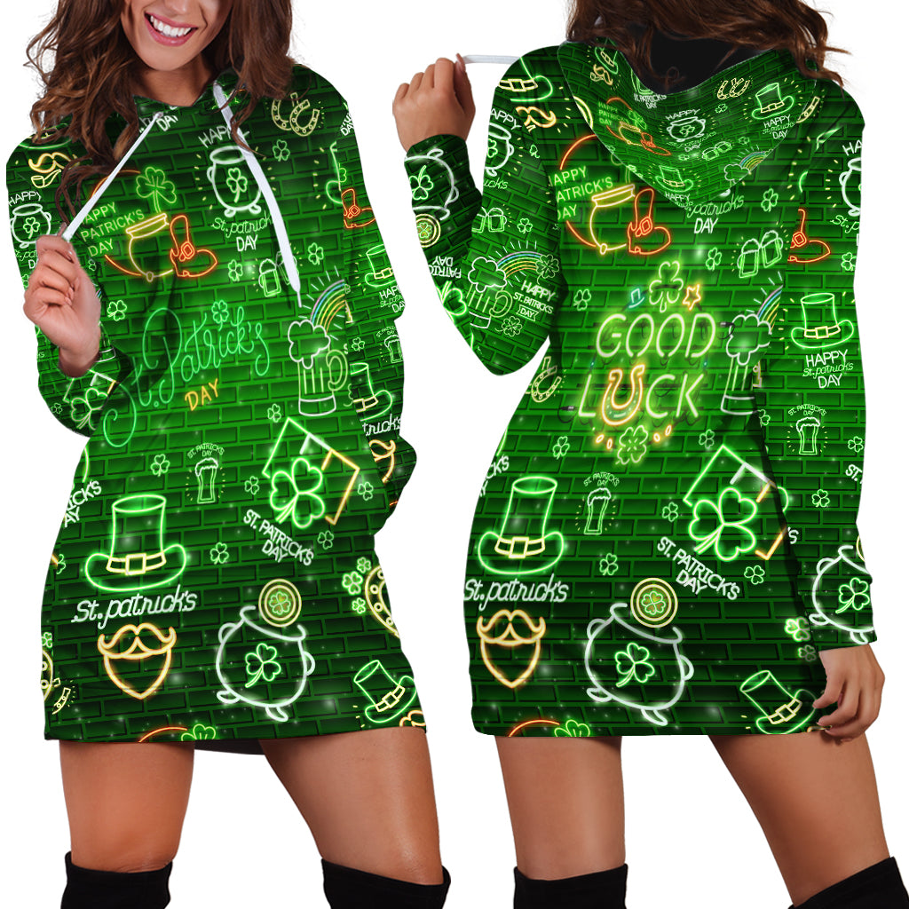 Ireland St Patrick's Day Hoodie Dress Symbols Neon - Wonder Print Shop