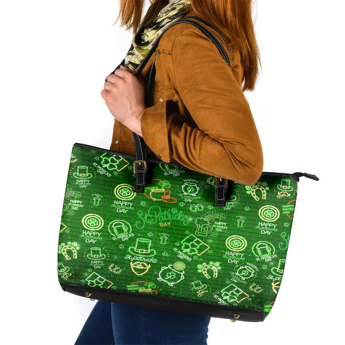 Ireland St Patrick's Day Leather Tote Bag Symbols Neon - Wonder Print Shop