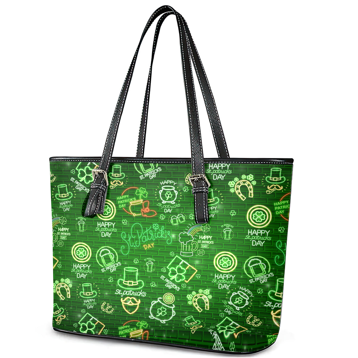 Ireland St Patrick's Day Leather Tote Bag Symbols Neon - Wonder Print Shop