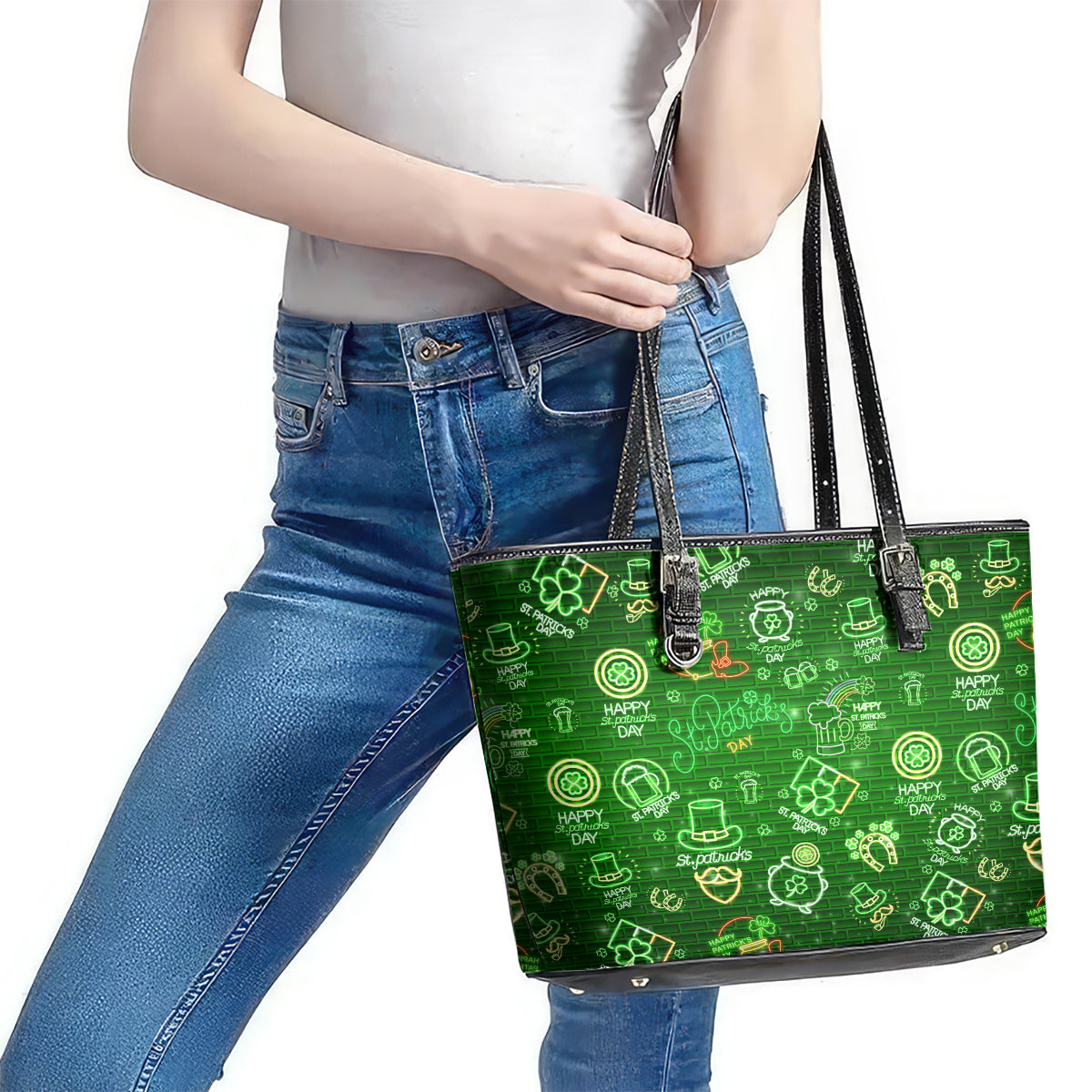 Ireland St Patrick's Day Leather Tote Bag Symbols Neon - Wonder Print Shop