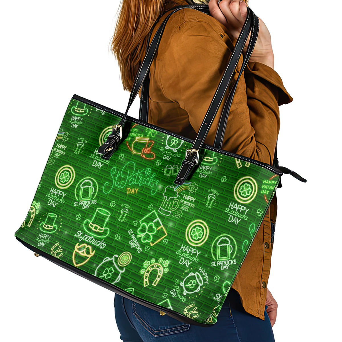 Ireland St Patrick's Day Leather Tote Bag Symbols Neon - Wonder Print Shop