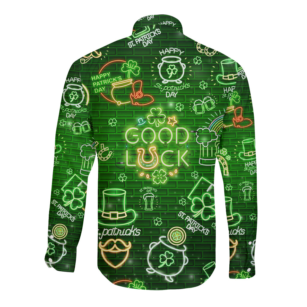 Ireland St Patrick's Day Long Sleeve Button Shirt Symbols Neon - Wonder Print Shop