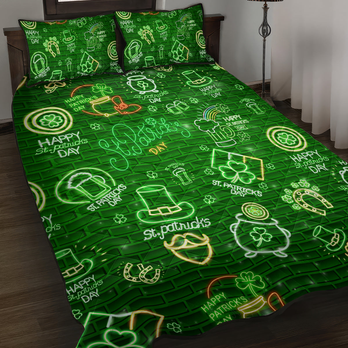 Ireland St Patrick's Day Quilt Bed Set Symbols Neon - Wonder Print Shop