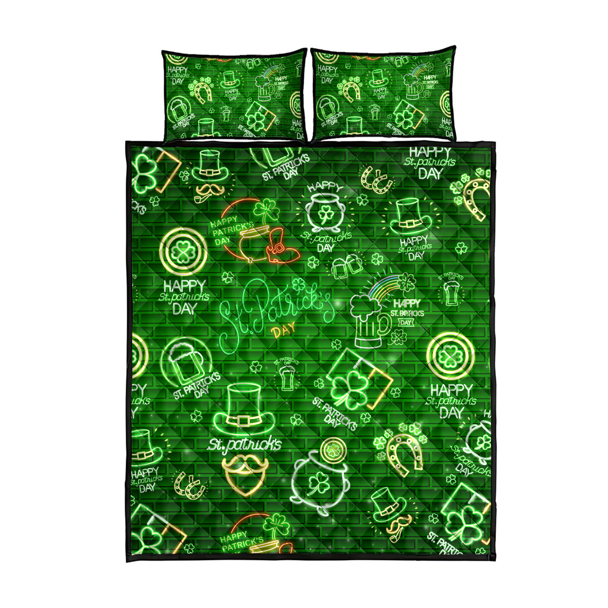 Ireland St Patrick's Day Quilt Bed Set Symbols Neon - Wonder Print Shop
