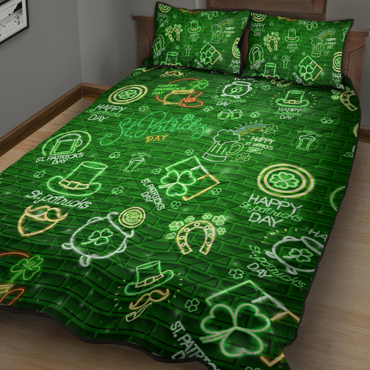 Ireland St Patrick's Day Quilt Bed Set Symbols Neon - Wonder Print Shop