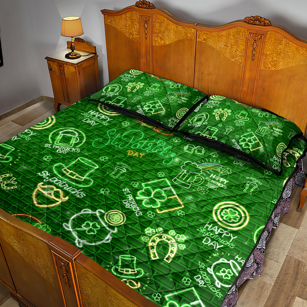 Ireland St Patrick's Day Quilt Bed Set Symbols Neon - Wonder Print Shop