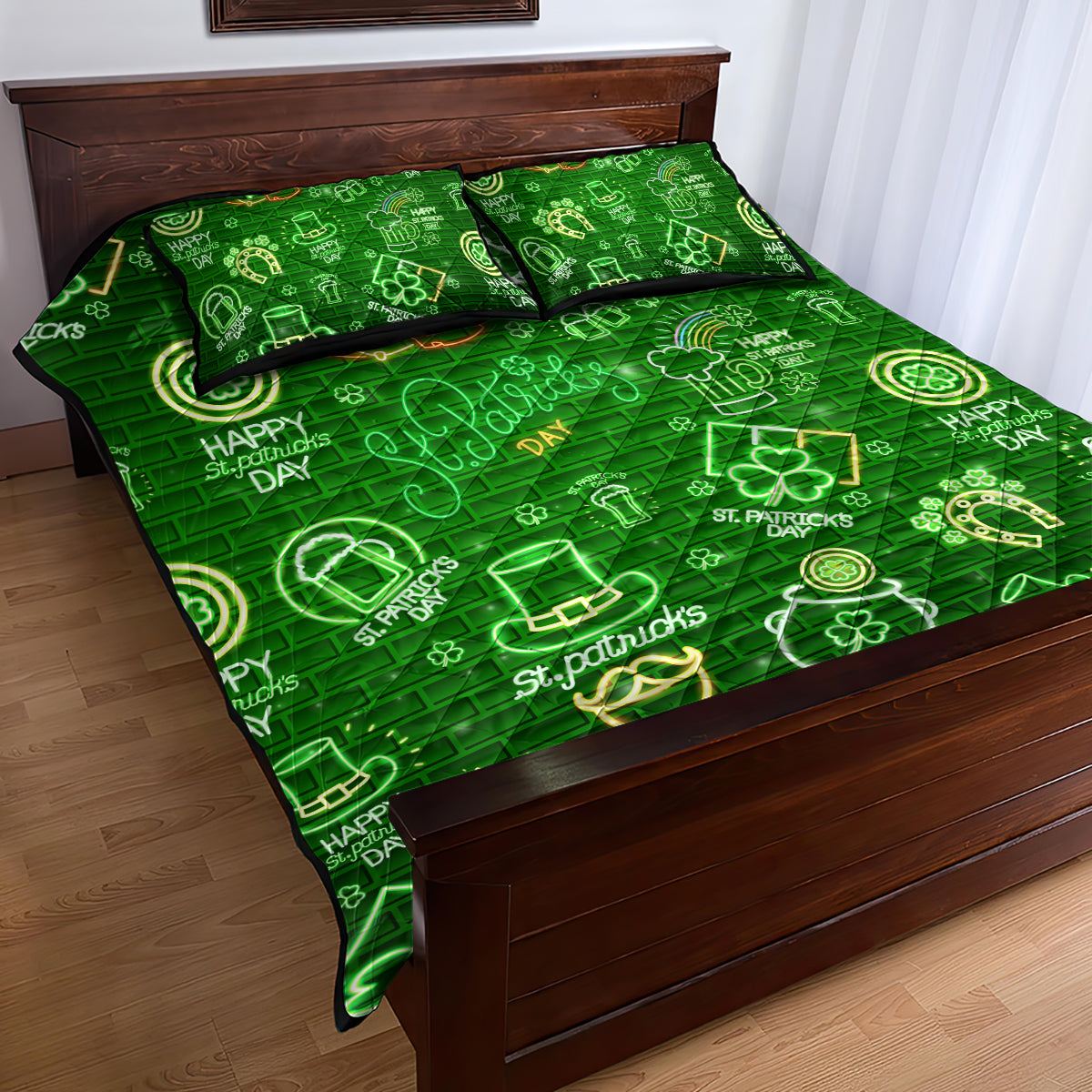 Ireland St Patrick's Day Quilt Bed Set Symbols Neon - Wonder Print Shop