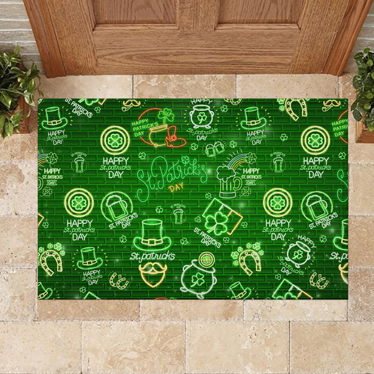 Ireland St Patrick's Day Rubber Doormat Symbols Neon - Wonder Print Shop