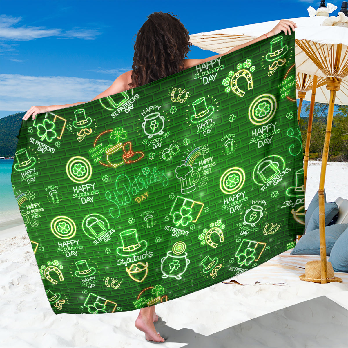 Ireland St Patrick's Day Sarong Symbols Neon - Wonder Print Shop