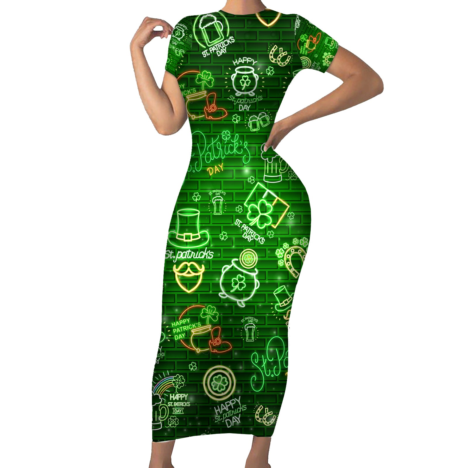 Ireland St Patrick's Day Short Sleeve Bodycon Dress Symbols Neon - Wonder Print Shop
