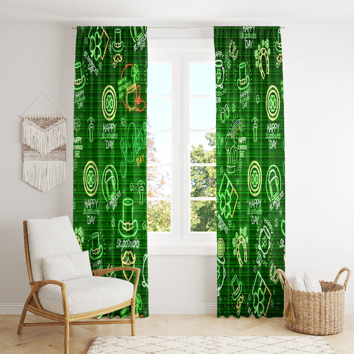 Ireland St Patrick's Day Window Curtain Symbols Neon - Wonder Print Shop