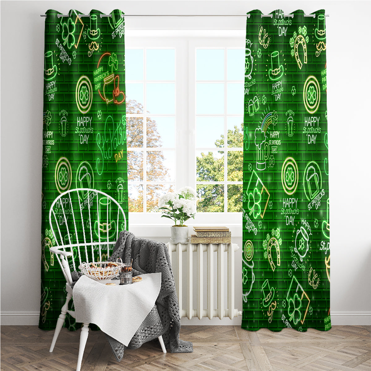 Ireland St Patrick's Day Window Curtain Symbols Neon - Wonder Print Shop