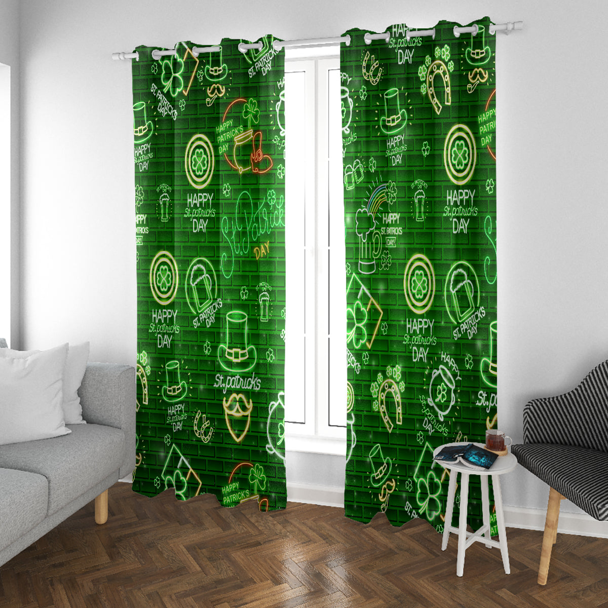 Ireland St Patrick's Day Window Curtain Symbols Neon - Wonder Print Shop