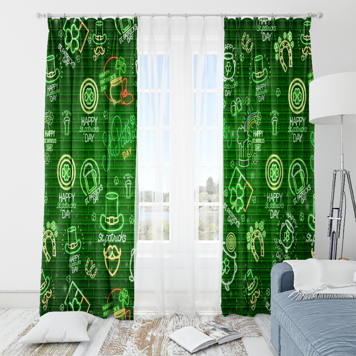 Ireland St Patrick's Day Window Curtain Symbols Neon - Wonder Print Shop