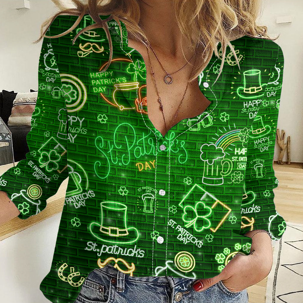 Ireland St Patrick's Day Women Casual Shirt Symbols Neon - Wonder Print Shop