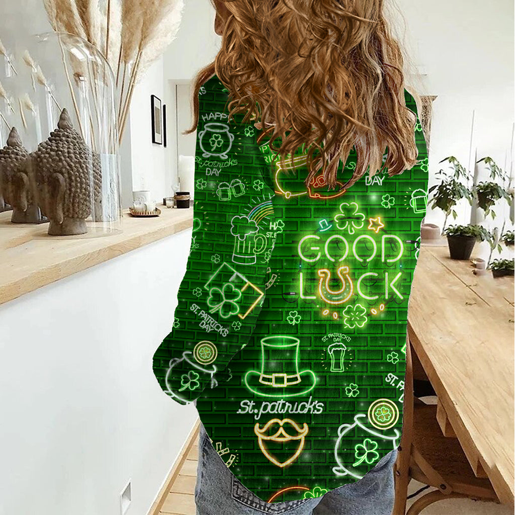 Ireland St Patrick's Day Women Casual Shirt Symbols Neon - Wonder Print Shop