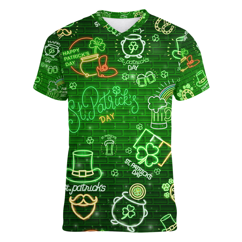 Ireland St Patrick's Day Women V Neck T Shirt Symbols Neon - Wonder Print Shop