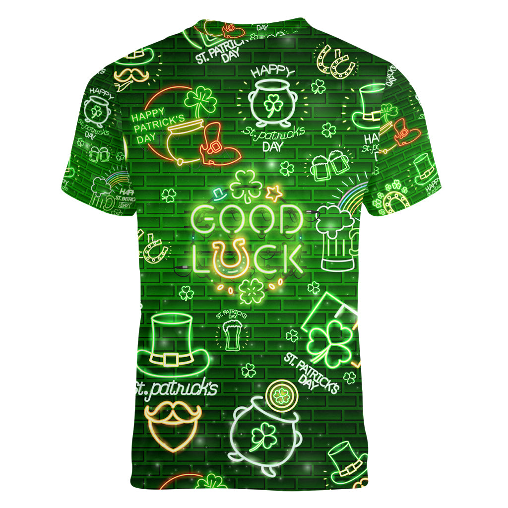 Ireland St Patrick's Day Women V Neck T Shirt Symbols Neon - Wonder Print Shop