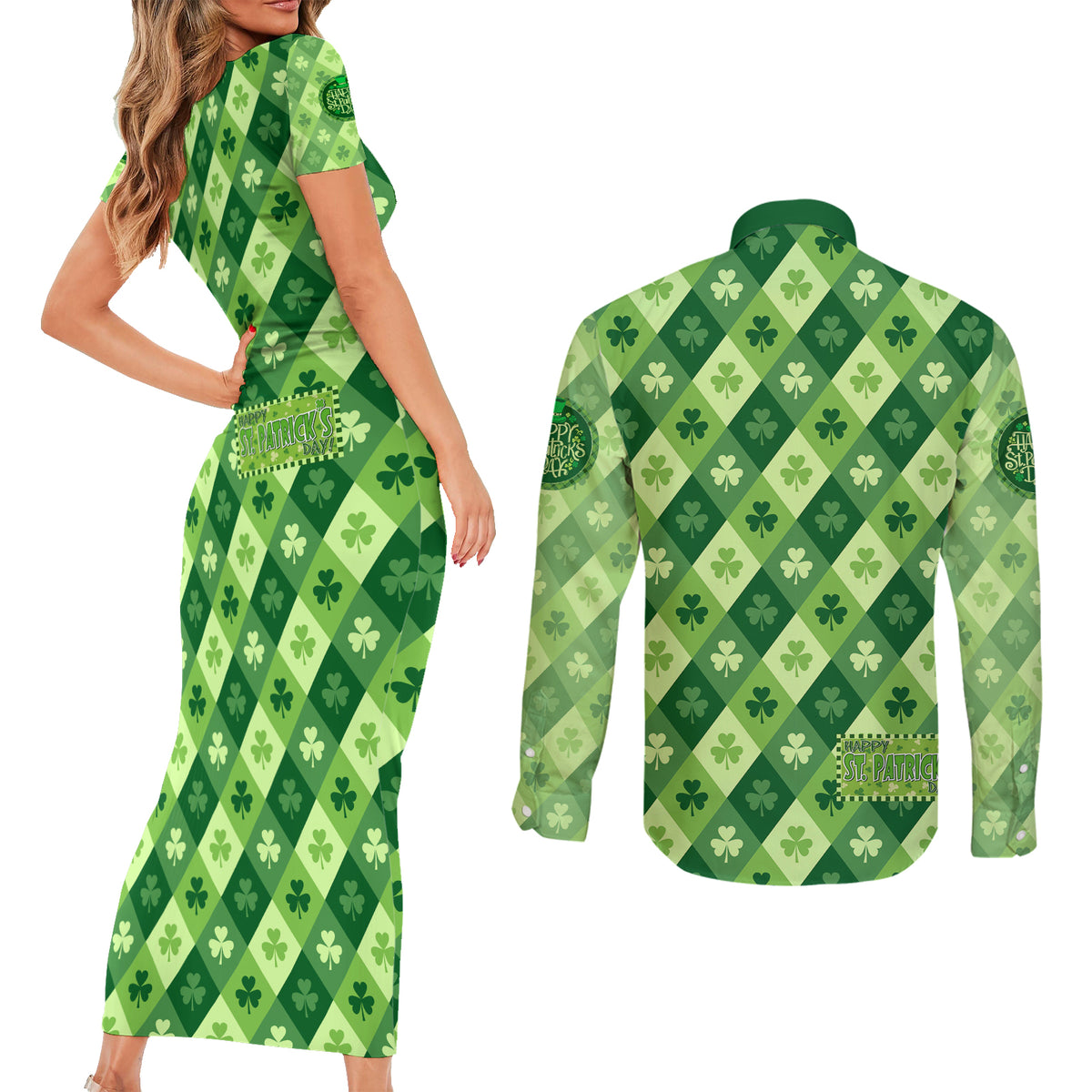 Irish St Patrick's Day Couples Matching Short Sleeve Bodycon Dress and Long Sleeve Button Shirt Simple Style - Wonder Print Shop