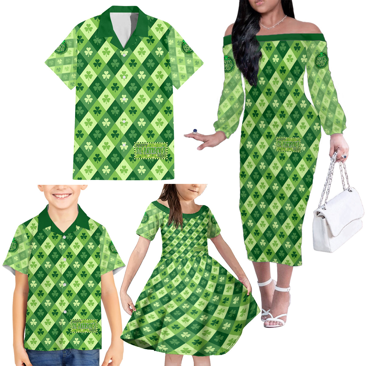 Irish St Patrick's Day Family Matching Off The Shoulder Long Sleeve Dress and Hawaiian Shirt Simple Style - Wonder Print Shop