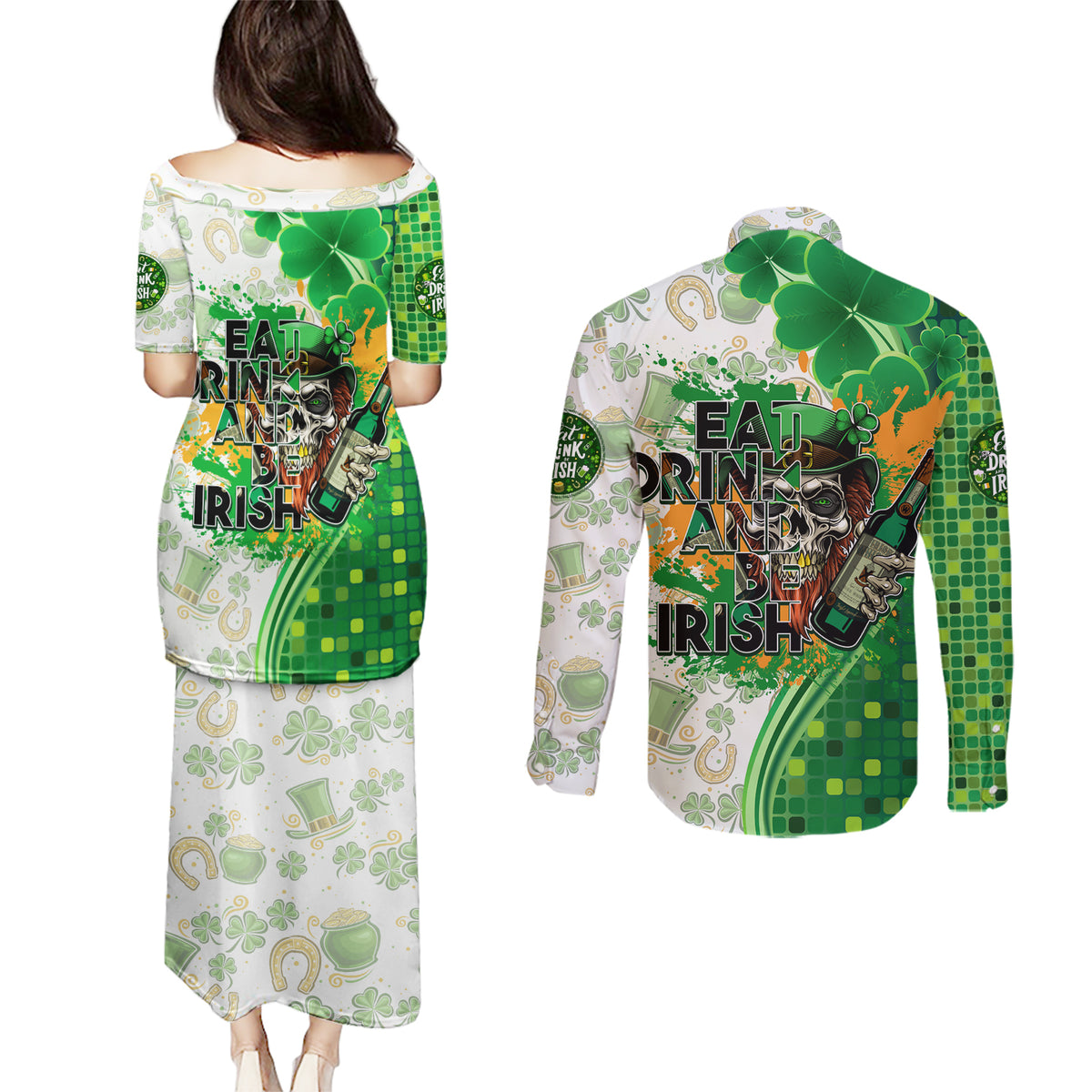 Happy St Patrick's Day Couples Matching Puletasi and Long Sleeve Button Shirt Eat Drink and Be Irish - Wonder Print Shop