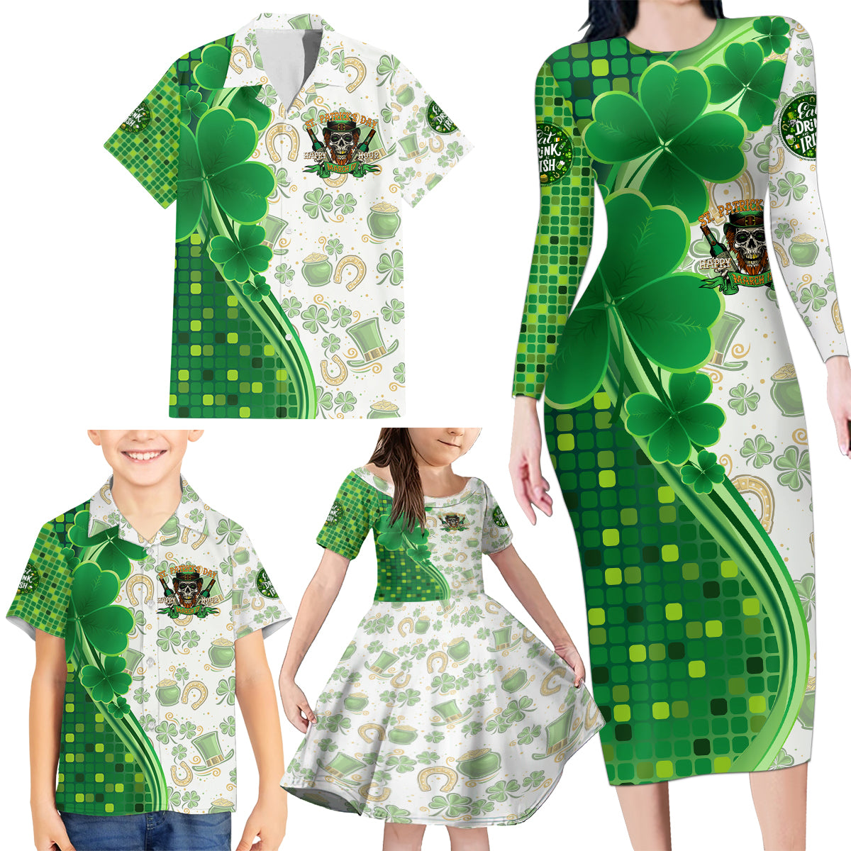 Happy St Patrick's Day Family Matching Long Sleeve Bodycon Dress and Hawaiian Shirt Eat Drink and Be Irish - Wonder Print Shop