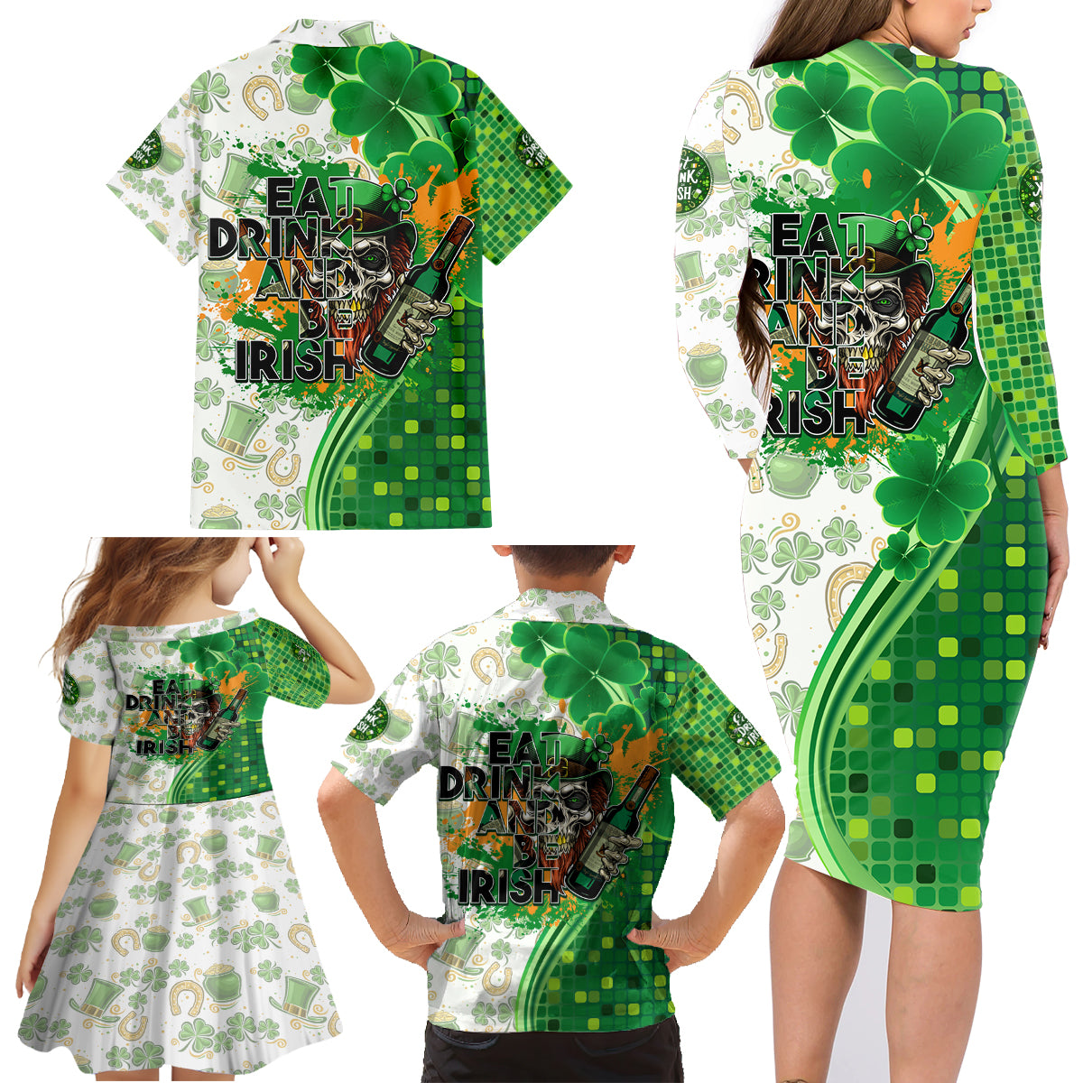 Happy St Patrick's Day Family Matching Long Sleeve Bodycon Dress and Hawaiian Shirt Eat Drink and Be Irish - Wonder Print Shop
