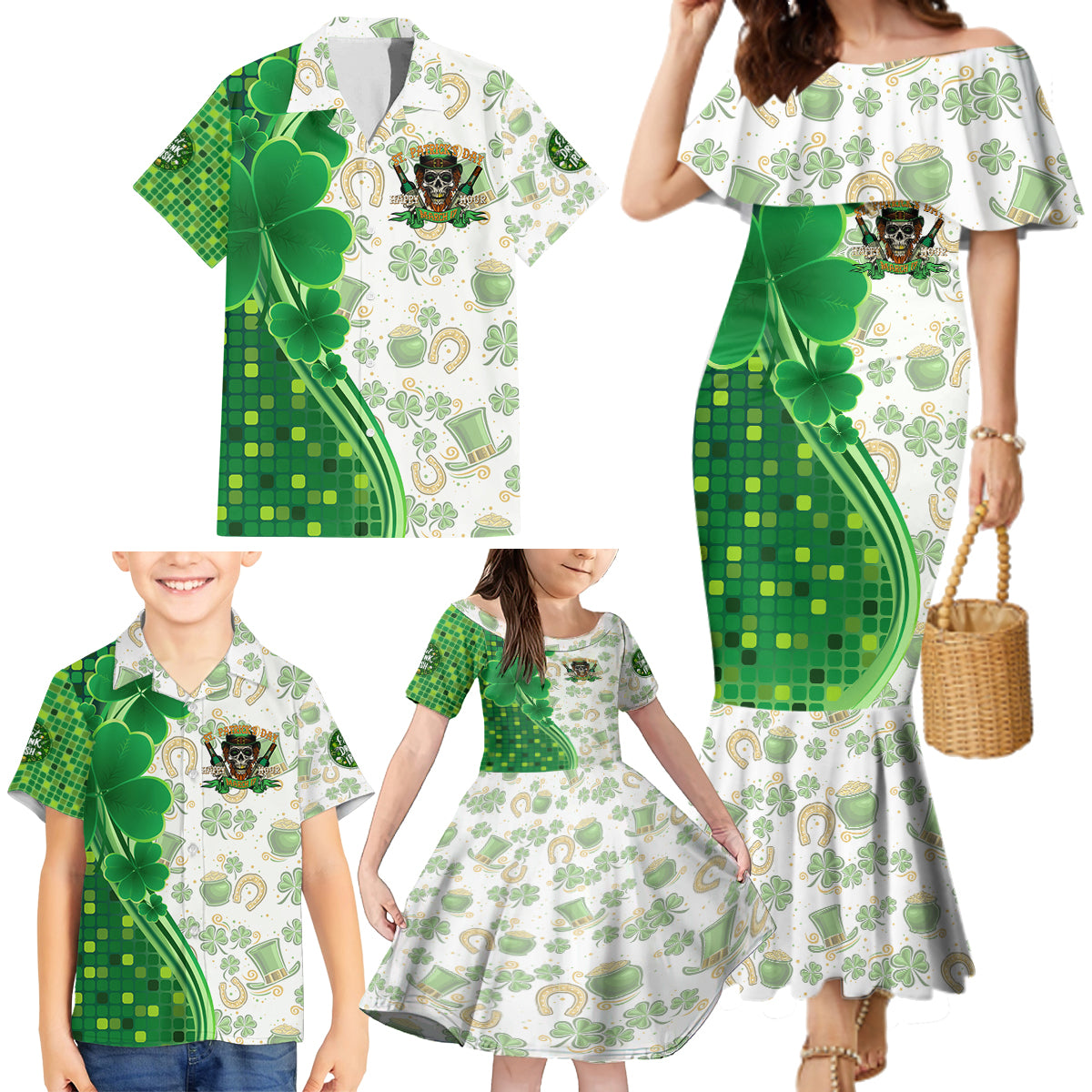 Happy St Patrick's Day Family Matching Mermaid Dress and Hawaiian Shirt Eat Drink and Be Irish - Wonder Print Shop
