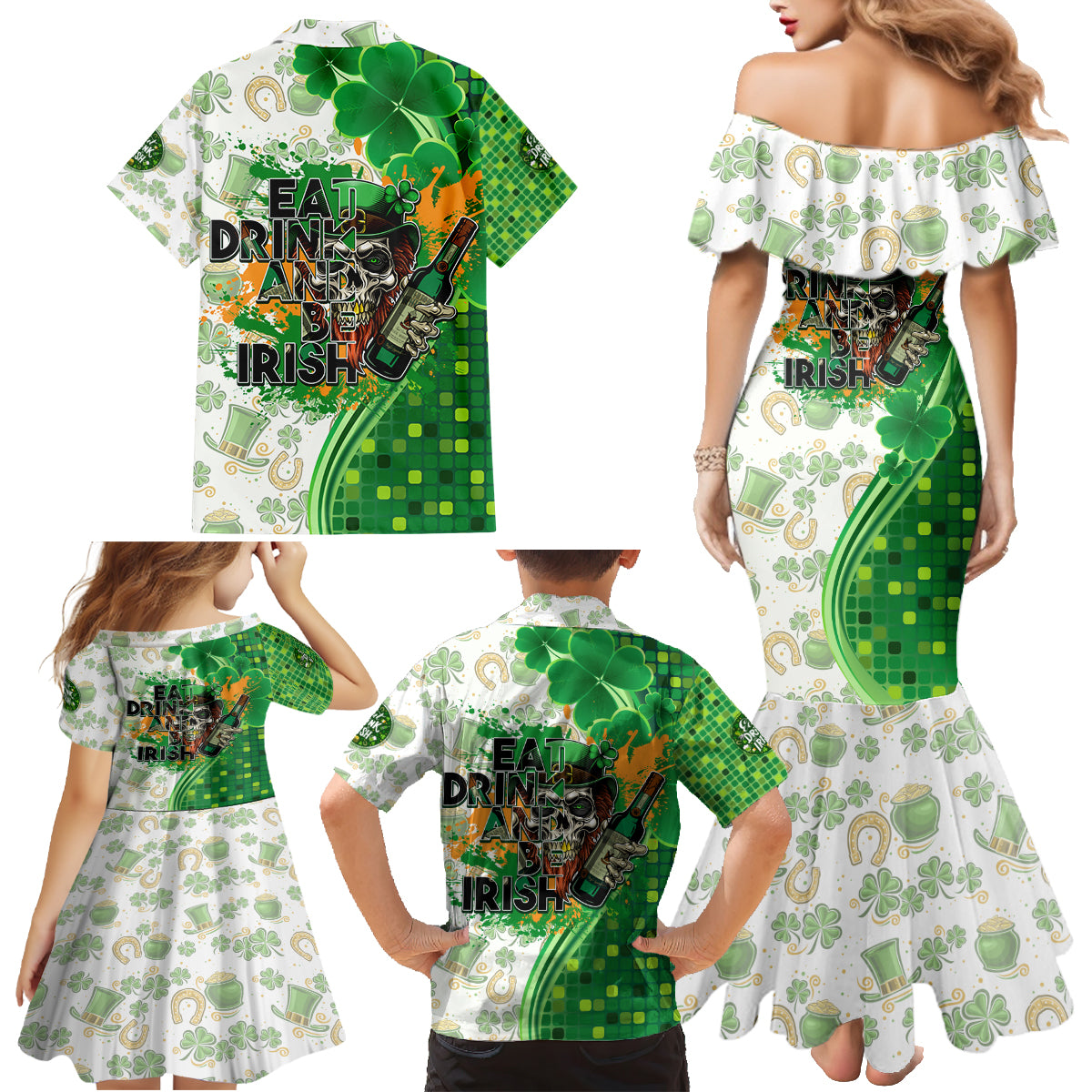 Happy St Patrick's Day Family Matching Mermaid Dress and Hawaiian Shirt Eat Drink and Be Irish - Wonder Print Shop