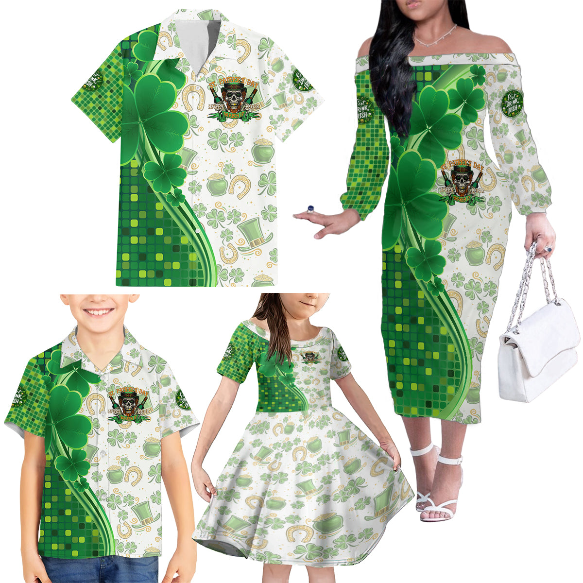 Happy St Patrick's Day Family Matching Off The Shoulder Long Sleeve Dress and Hawaiian Shirt Eat Drink and Be Irish - Wonder Print Shop