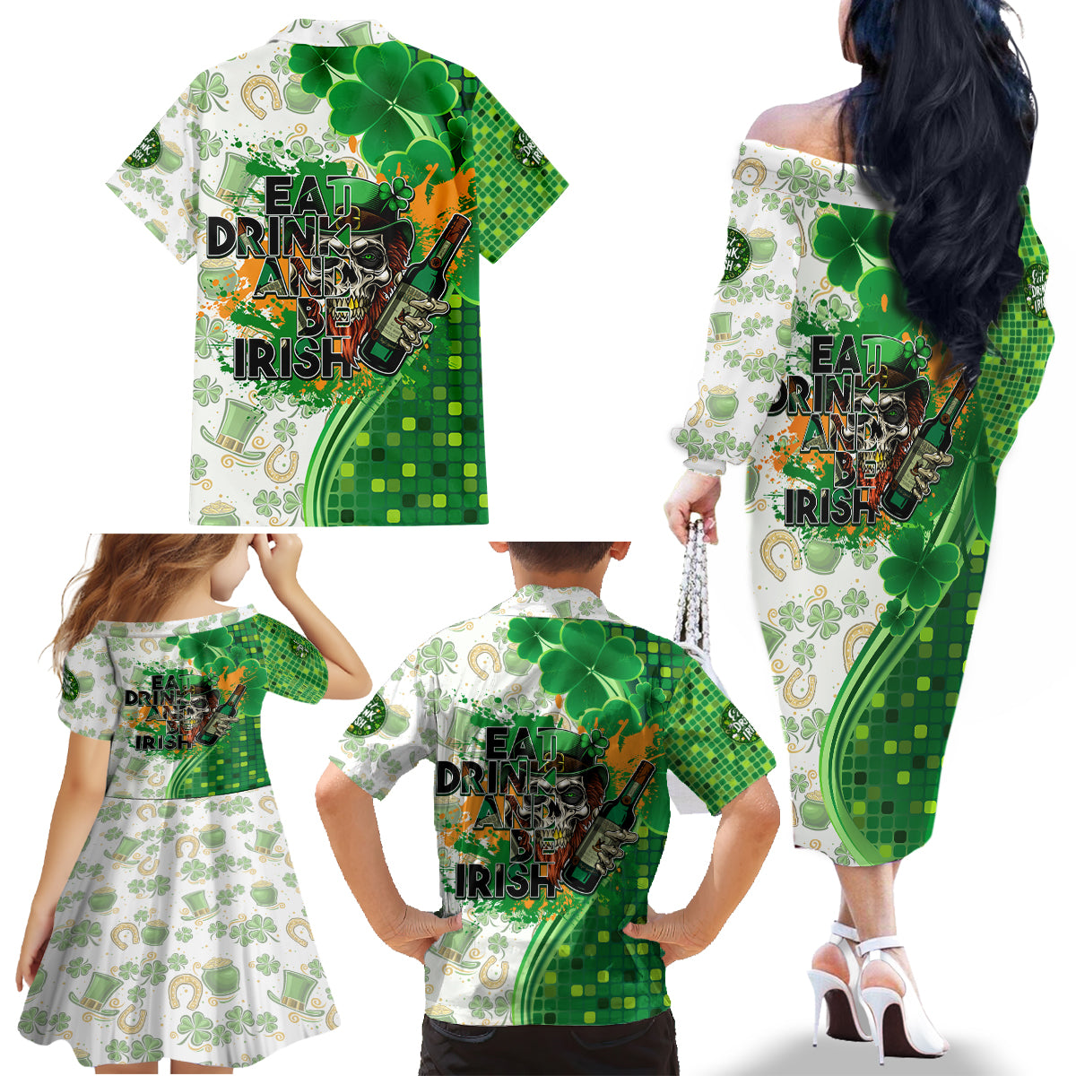 Happy St Patrick's Day Family Matching Off The Shoulder Long Sleeve Dress and Hawaiian Shirt Eat Drink and Be Irish - Wonder Print Shop