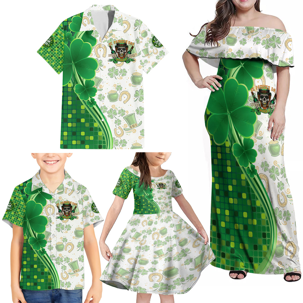 Happy St Patrick's Day Family Matching Off Shoulder Maxi Dress and Hawaiian Shirt Eat Drink and Be Irish - Wonder Print Shop
