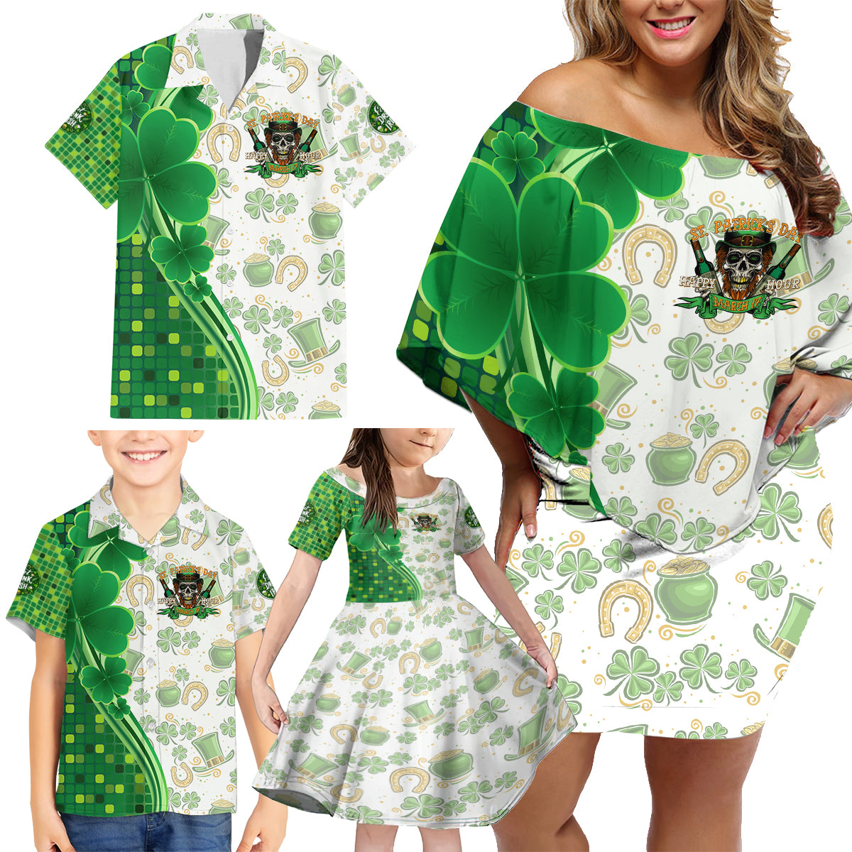 Happy St Patrick's Day Family Matching Off Shoulder Short Dress and Hawaiian Shirt Eat Drink and Be Irish - Wonder Print Shop
