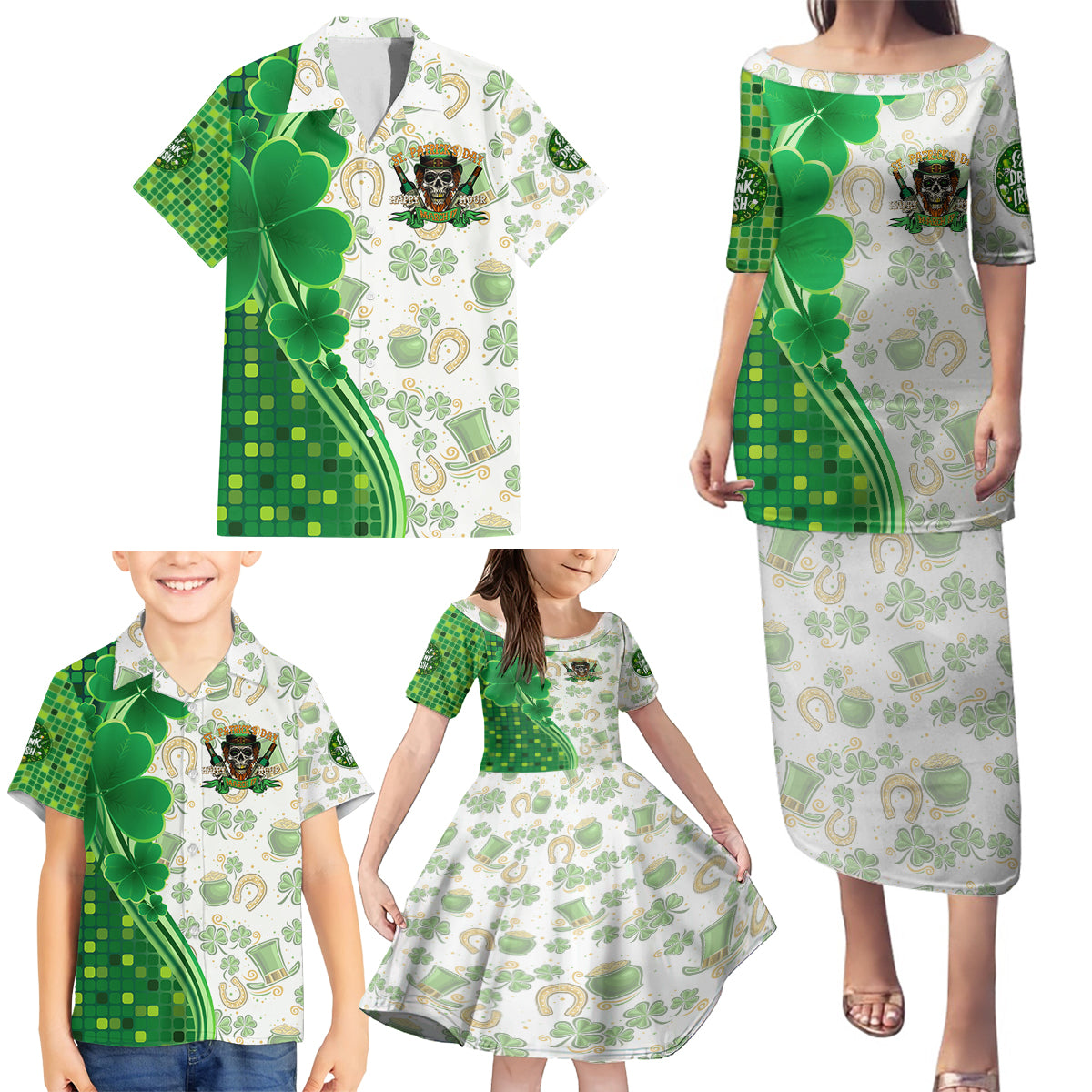 Happy St Patrick's Day Family Matching Puletasi and Hawaiian Shirt Eat Drink and Be Irish - Wonder Print Shop