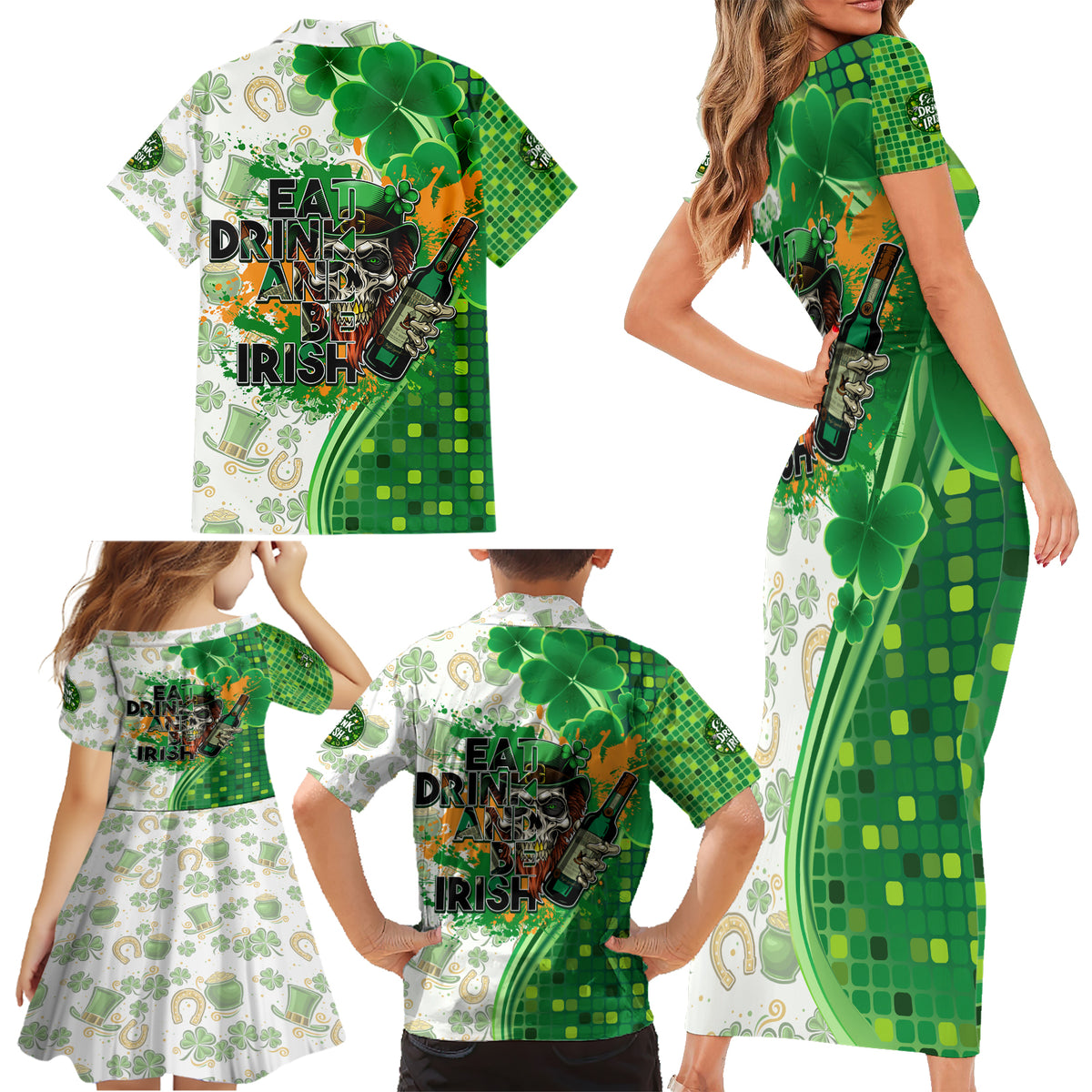 Happy St Patrick's Day Family Matching Short Sleeve Bodycon Dress and Hawaiian Shirt Eat Drink and Be Irish - Wonder Print Shop