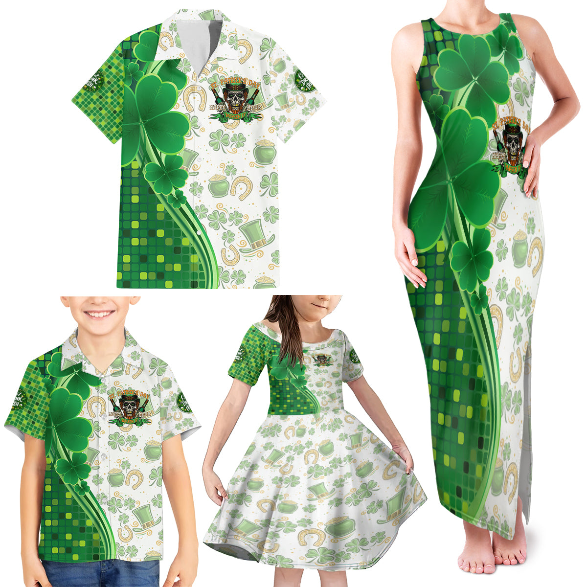Happy St Patrick's Day Family Matching Tank Maxi Dress and Hawaiian Shirt Eat Drink and Be Irish - Wonder Print Shop