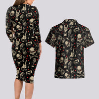Rock And Roll Skull Pattern Design Couples Matching Long Sleeve Bodycon Dress and Hawaiian Shirt - Wonder Print Shop