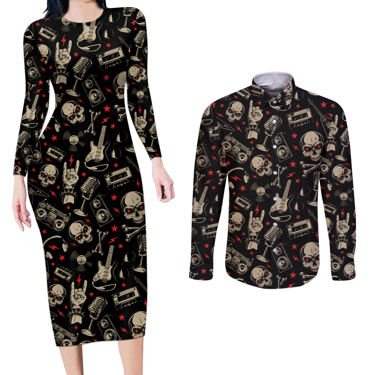 Rock And Roll Skull Pattern Design Couples Matching Long Sleeve Bodycon Dress and Long Sleeve Button Shirts - Wonder Print Shop